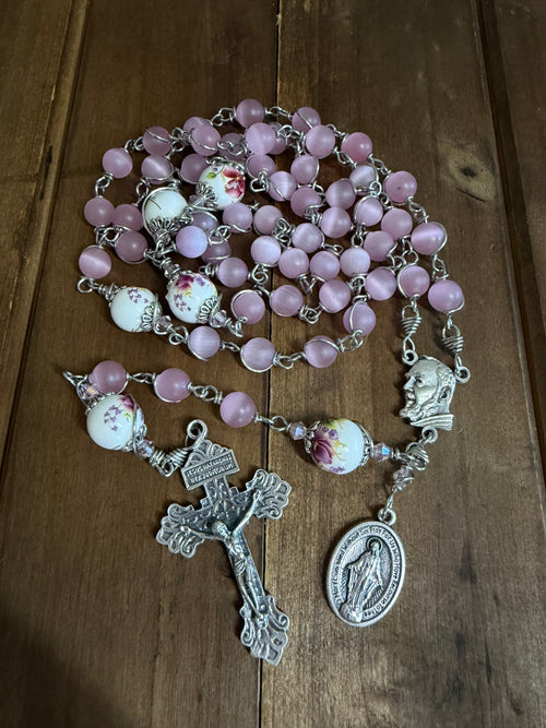 Unbreakable Pink Glass Beads Rosary | St. Padre Pio Rosary | Handmade by YMrosaries