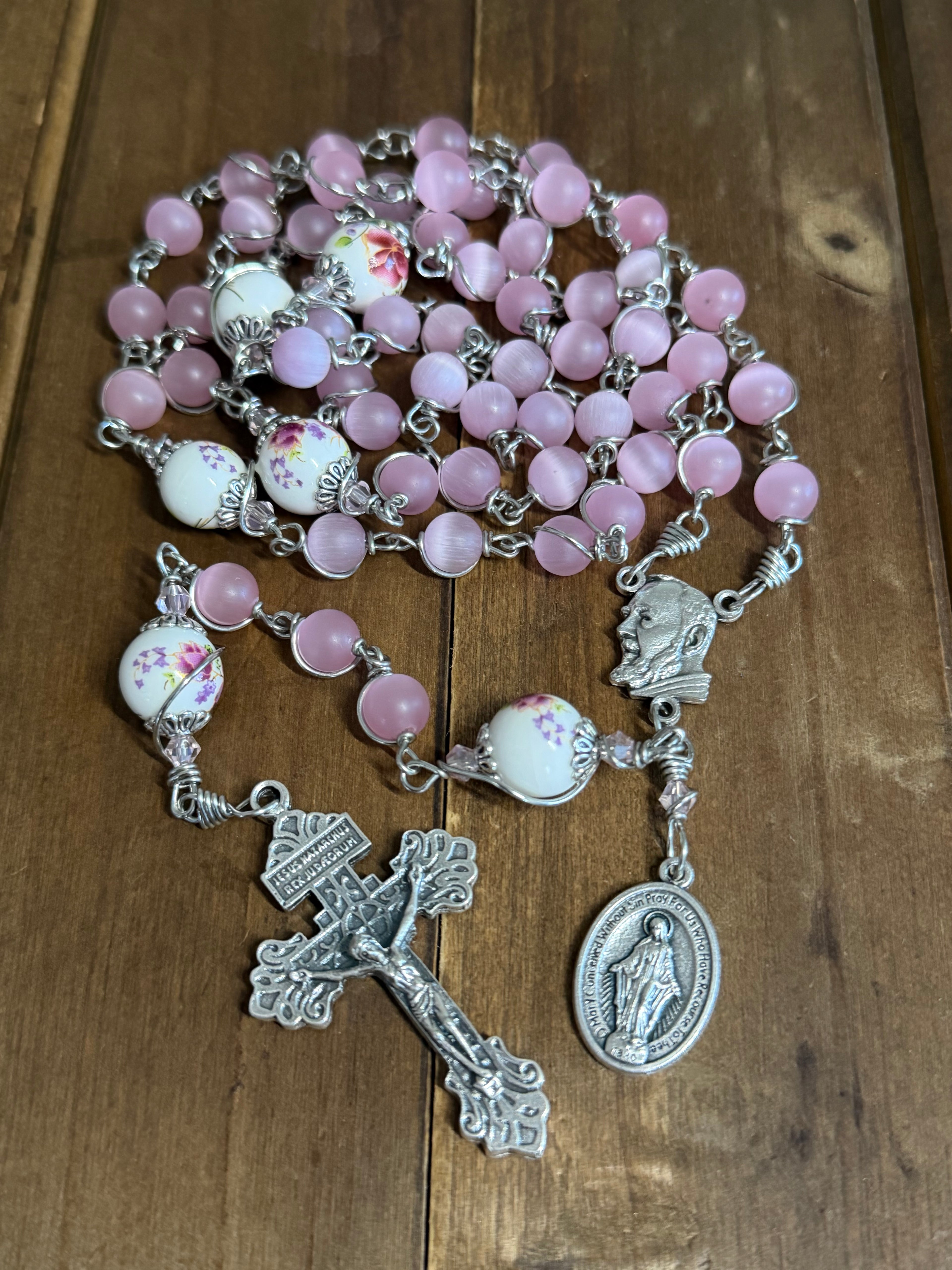 Unbreakable Pink Glass Beads Rosary | St. Padre Pio Rosary | Handmade by YMrosaries